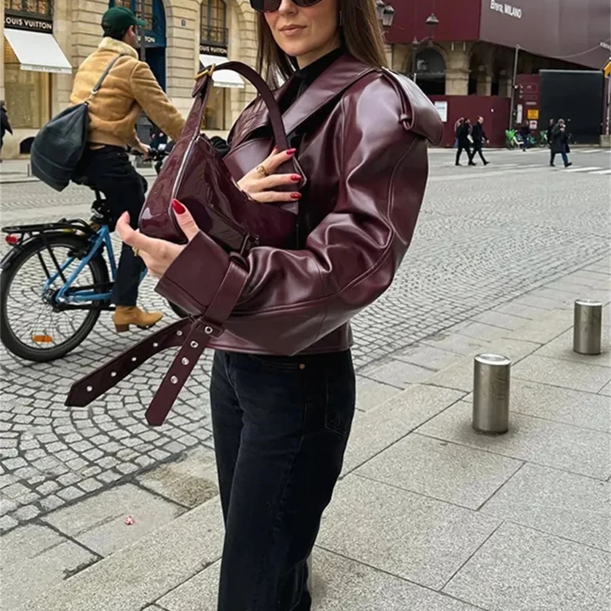 Fashion Lapel Leather Jacket 2024 Autumn Winter Women's Jackets Vintage Long Sleeve Crop Coats Belt High Street New In Outerwear