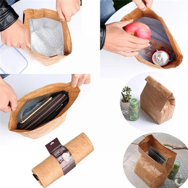 Brown Paper Lunch Bag Reusable Insulated Thermal Cooler Sack Magnetic Clre 240925