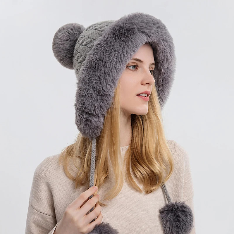 Knitted hats plush warm winter womens knitted ski windproof cute Beanies Korean gifts 241009