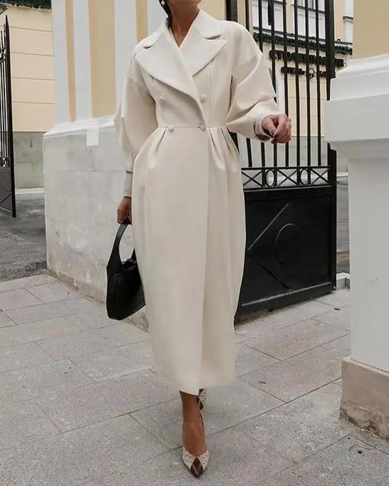 Autumn Lantern Sleeve Vintage Court Coat Lapel Double Row Button Office Womens Long Jacket Windbreaker Thick Street 240930