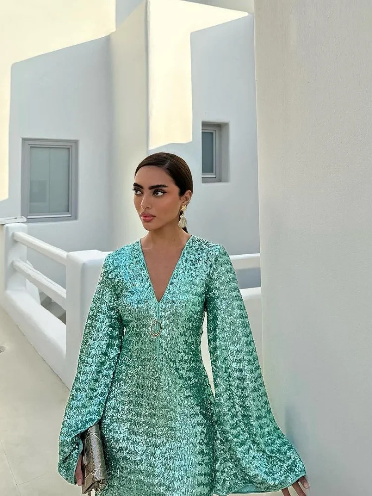 Shiny Sequins Hollow Out Mini Dres Long Flare Sleeve Deep Vneck Evening Vestidos Female 2024 Fashion Lady Party Dresses 241009