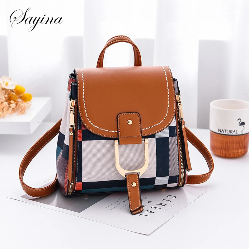 Womens Splicing Backpack PU Leather Knapsack Youth School Bag Casual Lock Mochila Plaid Multi functional 241008