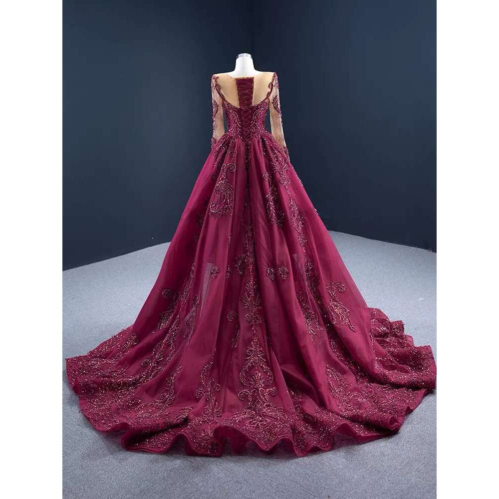 Red Birthday Party Banquet Wedding Dress Ladies Long Sleeve Sweep Train Bridal Gowns