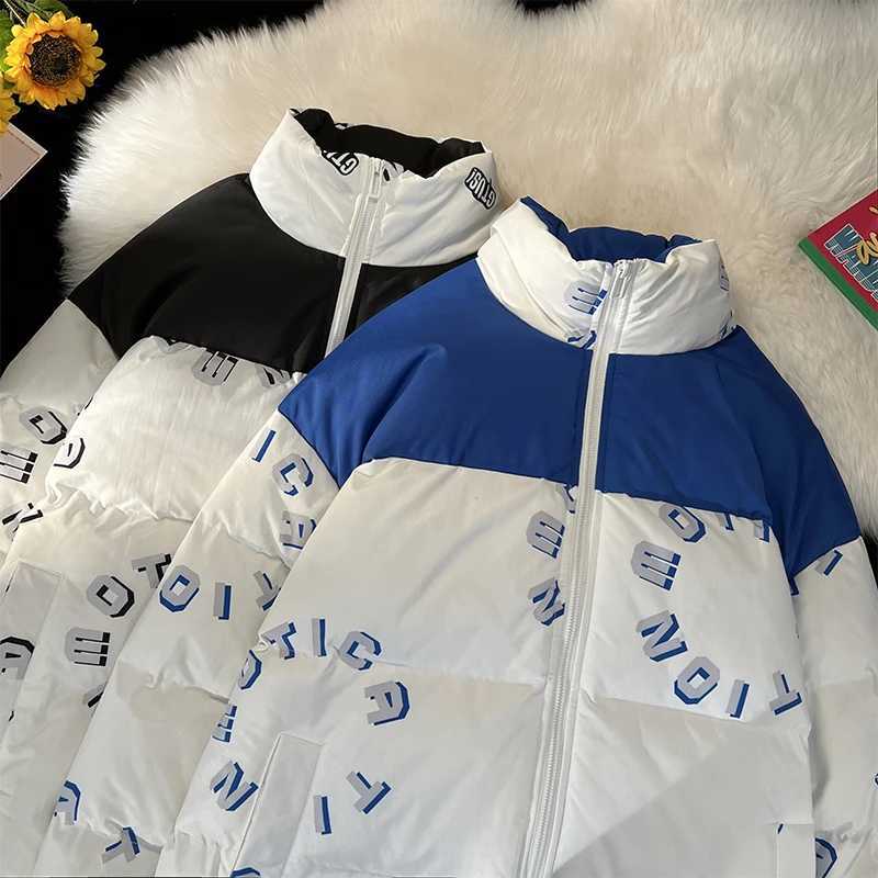 Men's Down Parkas Winter Thicken Cotton Jacket Travel Bubble Coat Harajuku Fashion Oversize Waterproof Ski Coat Contrast Zippered Puffer Jacket Y