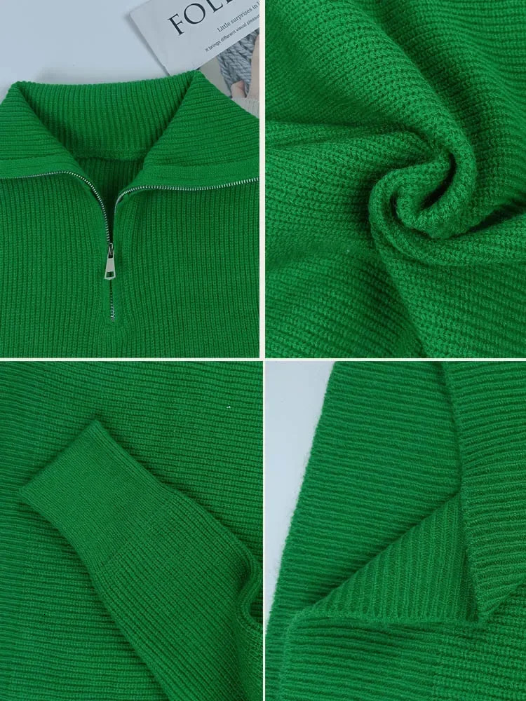 Womens turtle neck zipper fashionable womens sweater solid loose pull long sleeved casual knitted winter 241007