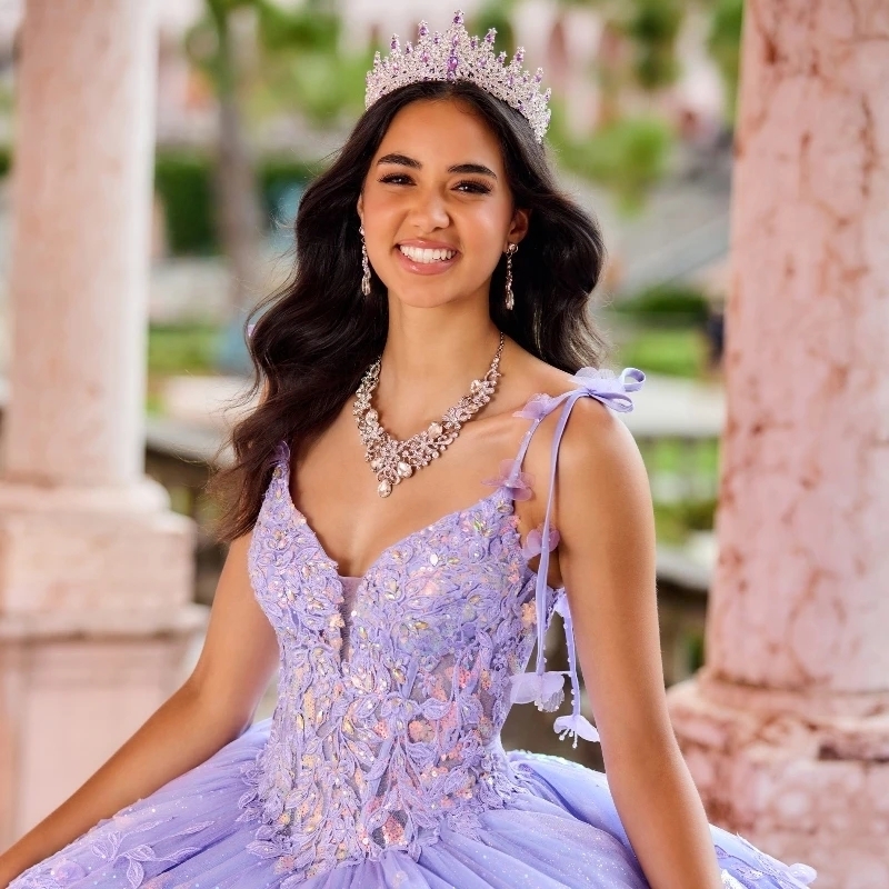Lilac Shiny Sexy Spaghetti Strap Floral Gown Quinceanera Dress Sequin Applique Lace Beads Vestidos De 15 Anos Sweet 16 Dress