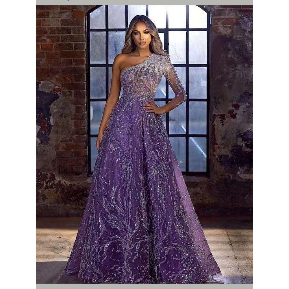 Sparkg Purple Prom One Shoulder Necke with Sheer Mesh Long Sleeve or Length 2023 Elegant Party Dress