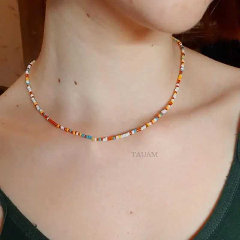 Simple Seed Bead Strand Choker Necklace Women String Collar Charm Colorful Handmade Summer Bohemia Collier Femme JewelryX241010