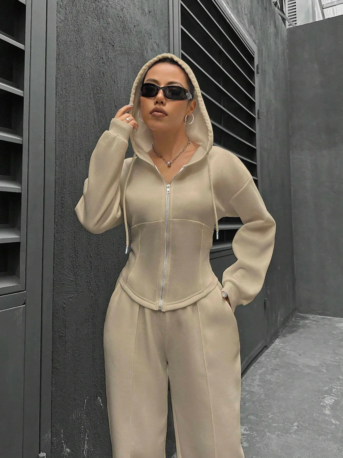 Grey bomber jacket womens 2piece casual long sleeved zipper solid sportswear Trouser set autumn 241008