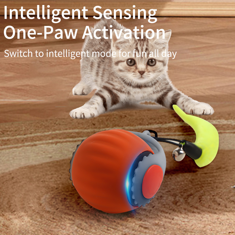 Indoor cat interactive toy ball Fast rolling, chirping and motion activated cat toy on carpet (blue, red)