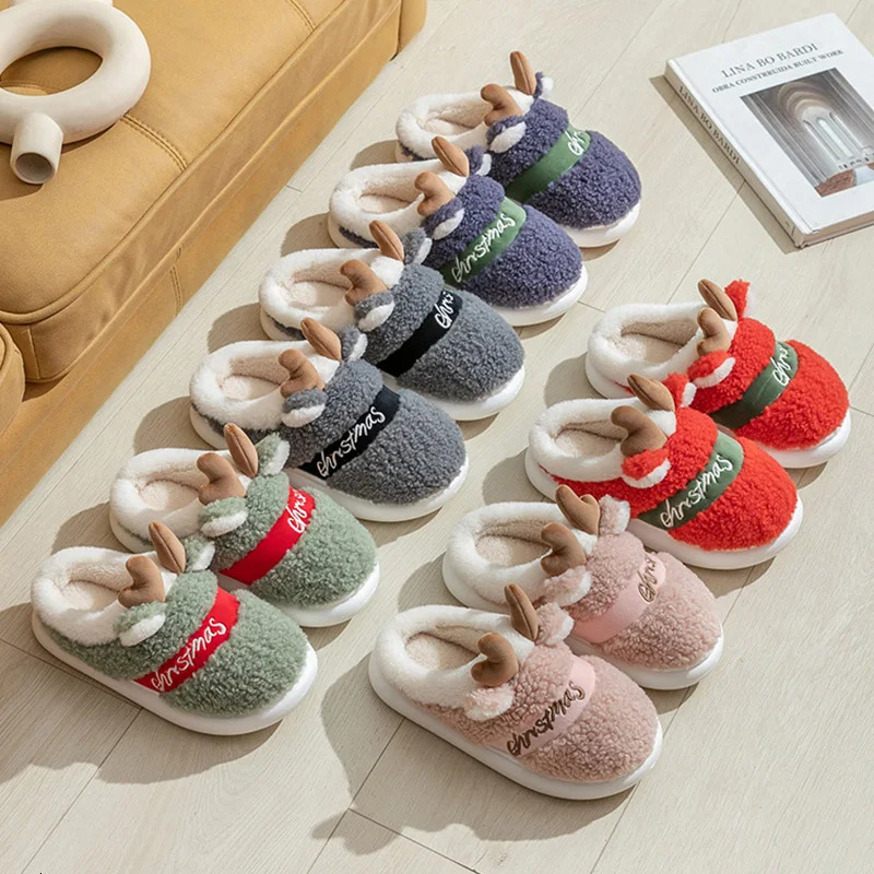Winter Cotton Warm Plush Fur Antiskid Christmas Slippers Deer Antler Cotton Mops Outdoor Breathable Sole Soft Home Couples Shoes 241010