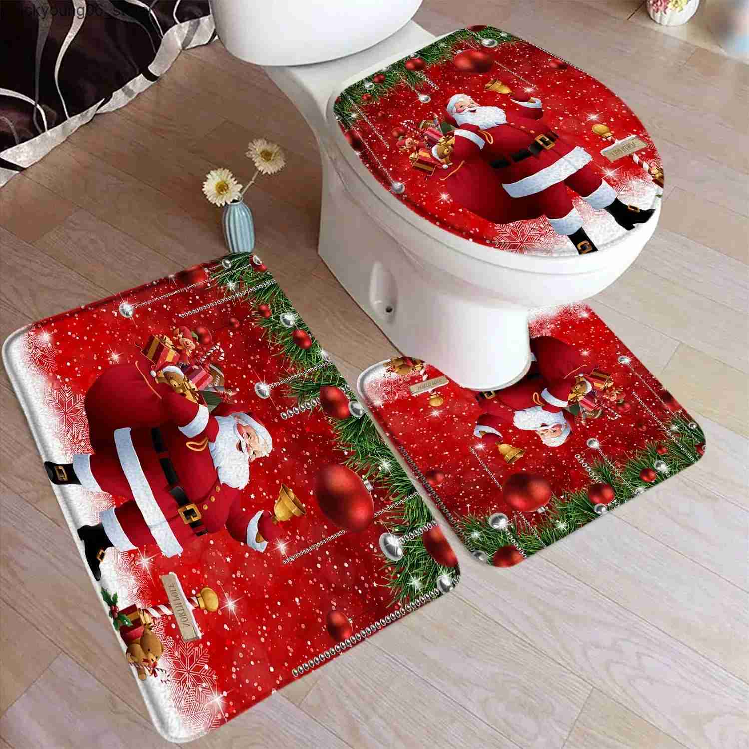 Non-Slip Bath Mats Funny Christmas Bath Mat Set Cute Snowman Santa Claus Red Balls Xmas Trees Carpet Home Decor Bathroom Floor Rug Toilet Lid Cover L2