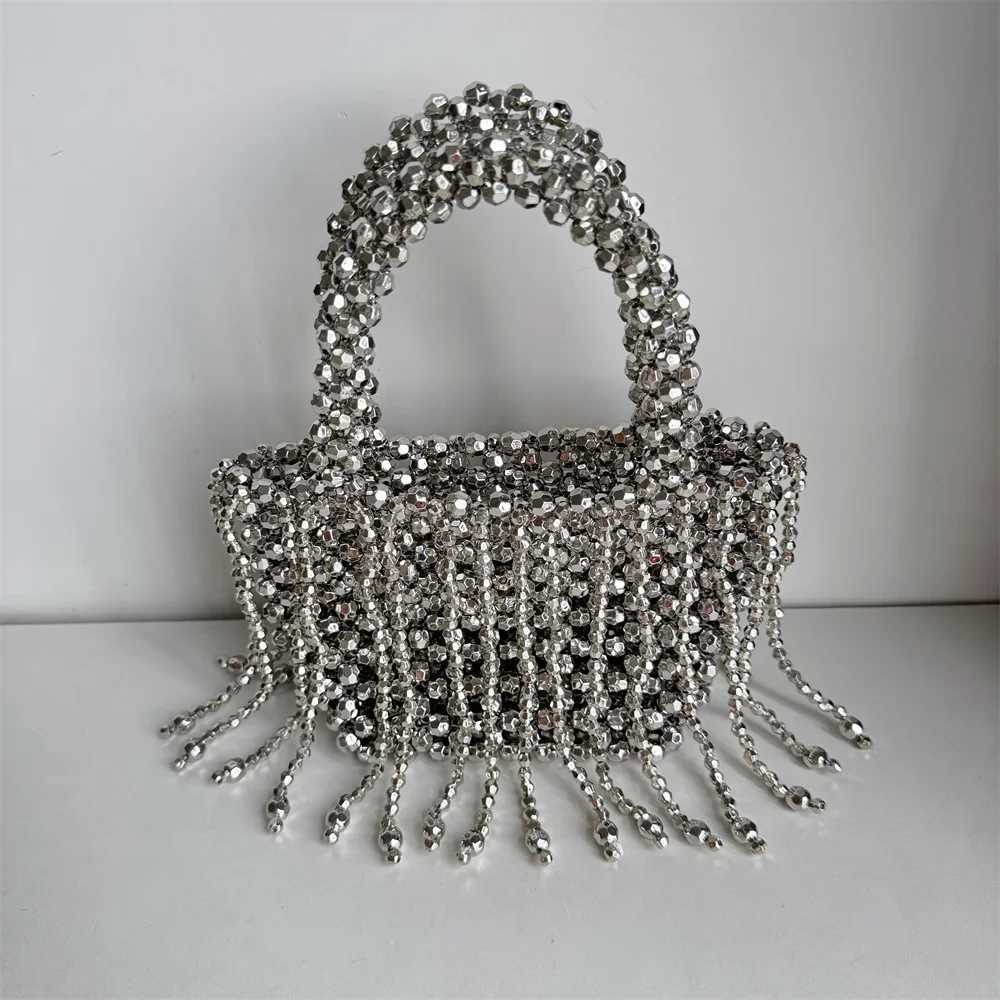 Handmade Silver Beaded Bags for Women Handbags Tassel Fashion Trend Beach Vacation Beading Phone Clutch Party 241010