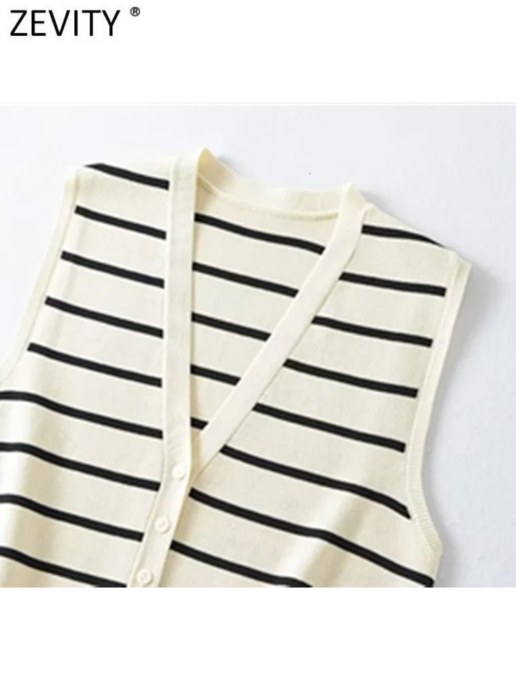 Zevity Women Fashion V Neck Sleeveless Striped Pattern Knitted Vest Sweater Female Chic Single Breasted Cardigan Tops SW4789 240924