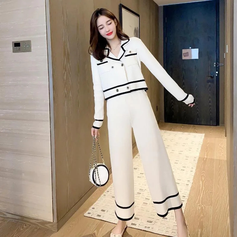 Korean Knitted Sweater Short Top Set High Waist Wide Leg Pants Casual and Fashionable Spring Conjunto Soft 2piece 241008