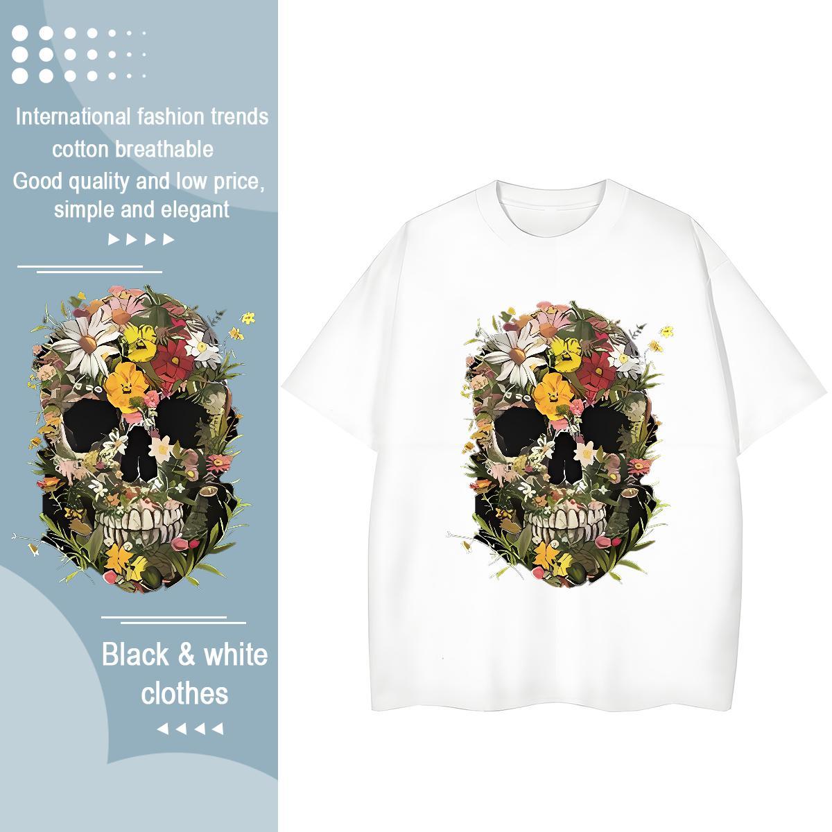 Classic T-Shirts 230g Pure Cotton Round Neck Short Sleeve Sports Street Wear flower Lady T shirt Female Black Oversized Clothings