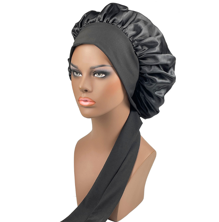 Women Satin Wide-brimmed Sleeping Hat Night Sleep Cap Hair Care Ribbon Bonnet Nightcap Unisex Cap Bonnet Shower Silk Head Wrap