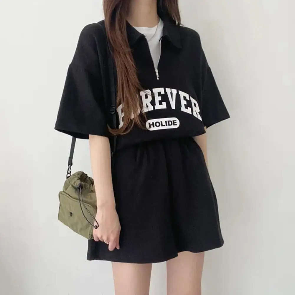 Fashionable womens summer track and field clothing with loose fitting letter printing zipper pockets fashionable 241007