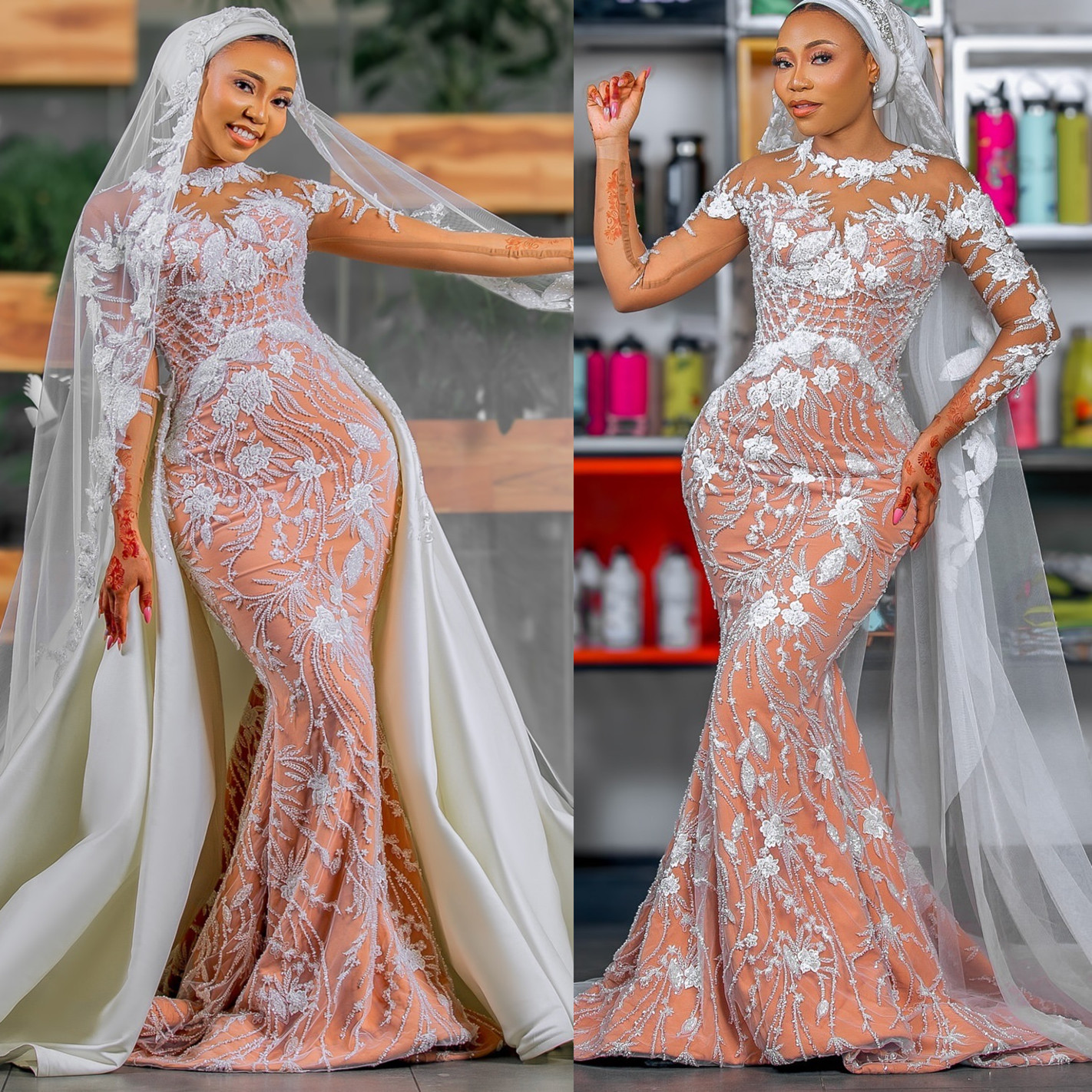 Aso Arabic Ebi Plus Size Off White Illusion Mermaid Wedding Dresses Lacefull Beaded Full Sleeves Vintage Elegant Bridal Gowns Dress ZJ