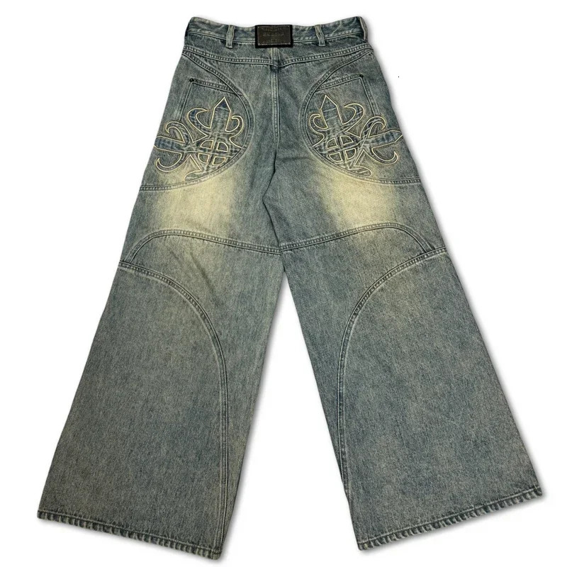 Harajuku Trend Gothic style oversized embroidered patchwork decoration washed blue jeans mens wide leg street Y2K mop pants 240929