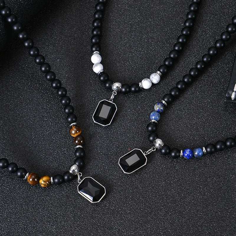 Black Matte Healing Stone Beads Necklace for Women Men Tigers Eye Beaded Necklace Retro black gemstone pendant hip-hop NecklaceX241009