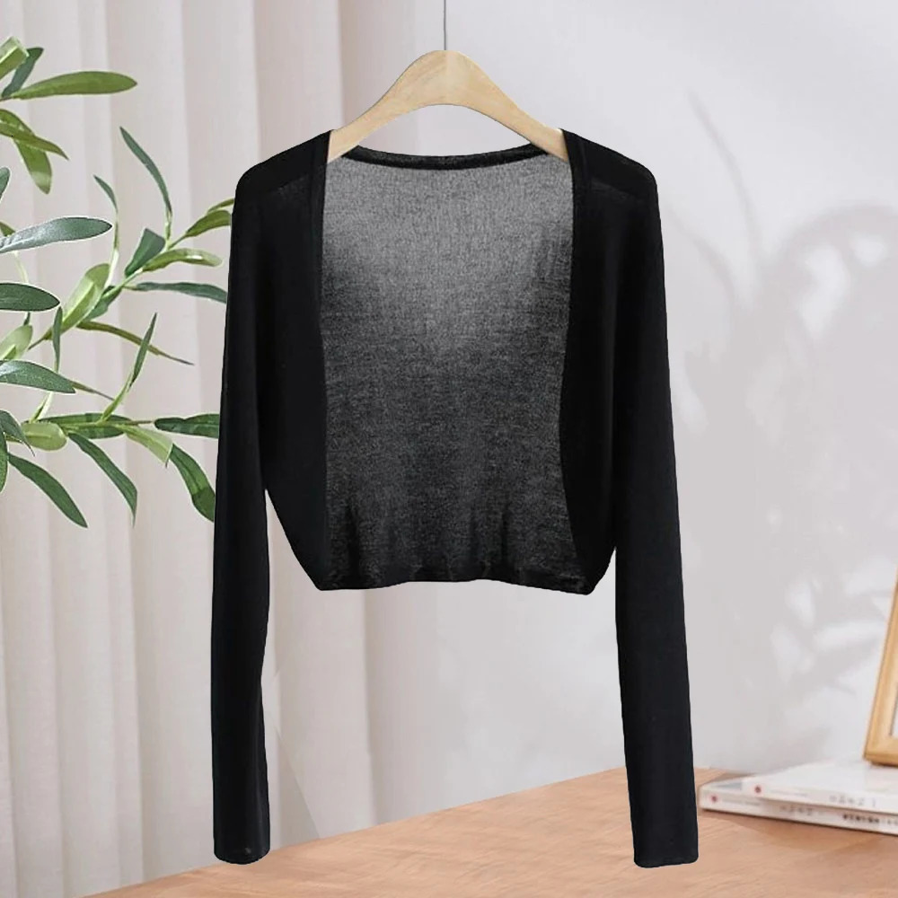 Summer Sunscreen Cardigan For Women Thin Knitted Knitwears Perspective Long Sleeve Tops Casual Black White Khaki Blue Short Coat 240924