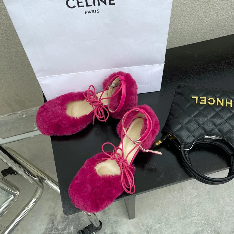 Fur Slippers Womens Square Heel Shoes Women High-heeled Furry Drag Fashion Outdoor All-match Sandals Furry Slides Flip Flop 241010
