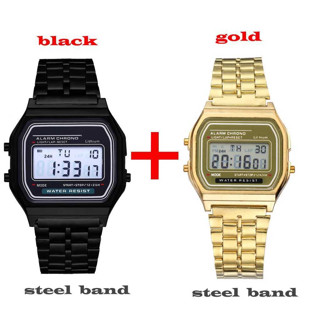 2Pcs Fashion Digital Mens Watches Gold Luxury Stainless Steel Link Bracelet Wrist Watch Band Business Electronic Male ClockX241010
