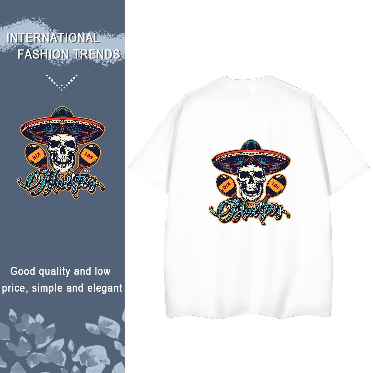 TOP Quality Woman T Shirts 230g Pure Cotton O-Neck Short Sleeve Casual Beach skull Tshirt for Man Woman Female White Plus Size Tops Shirt