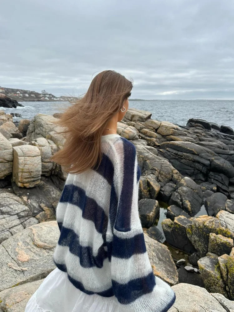 Fashion contrast striped womens knitted cardigan with scarf casual V-neck lantern sleeve sweater jacket womens fashion knitted cardigan 241010