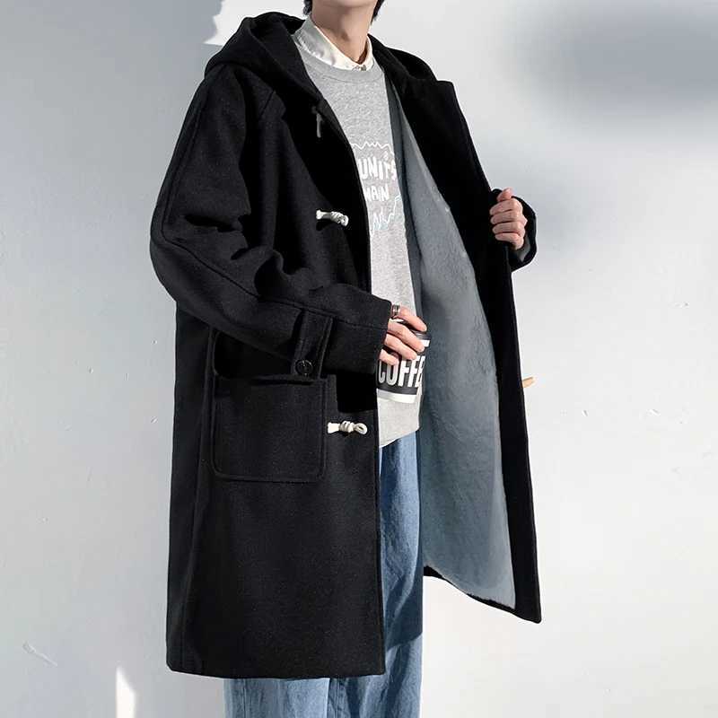 New Cow Horn Button Lamb Fleece Hooded Mens Coat Loose Streetwear Unisex Couple Long Advanced British Style Casual Overcoat LX241010