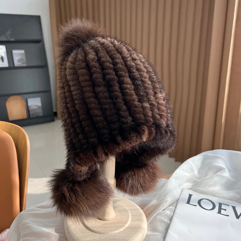 Winter selling womens real mink fur hat knitted ear warm spiral bean with fox fluffy top 241009