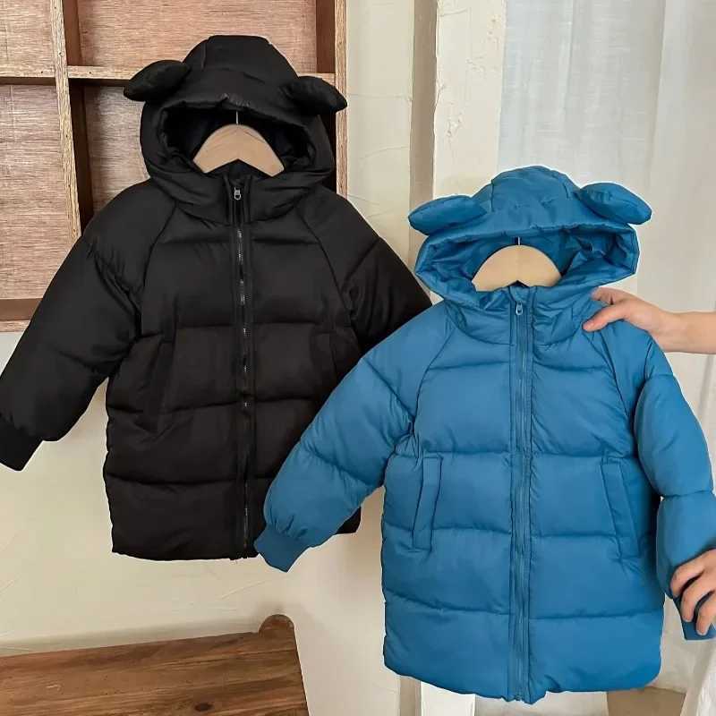Down Coat 2024 New Childrens Winter Jacket Girls Cotton Mat Park Baby Mat Solid Coat Long Hooded Waterproof Thick Snow Jacket H241010