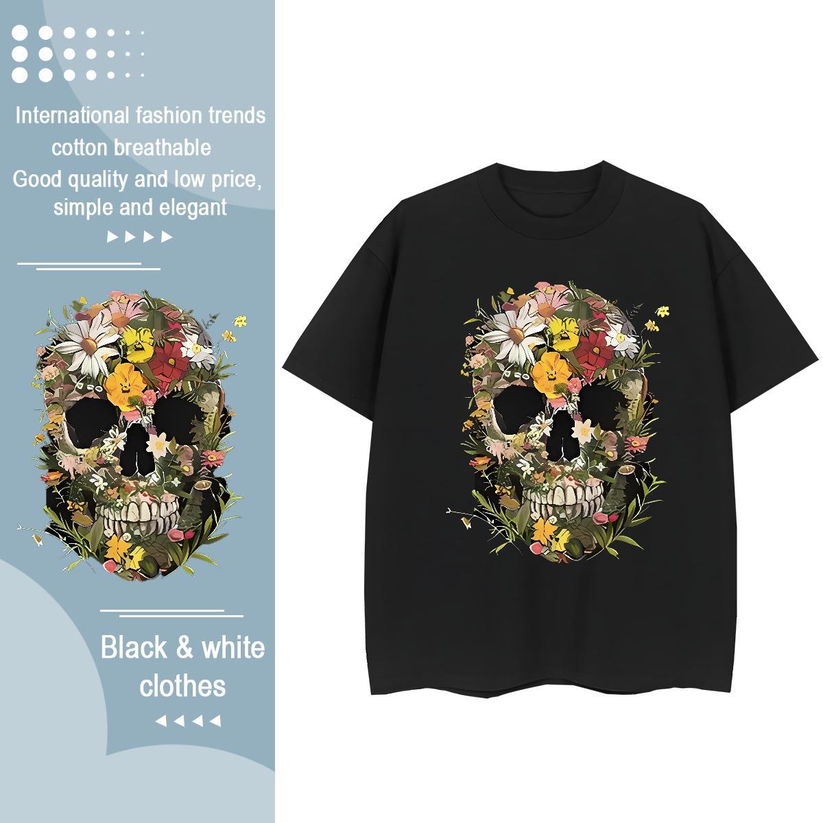 Classic T-Shirts 230g Pure Cotton Round Neck Short Sleeve Sports Street Wear flower Lady T shirt Female Black Oversized Clothings
