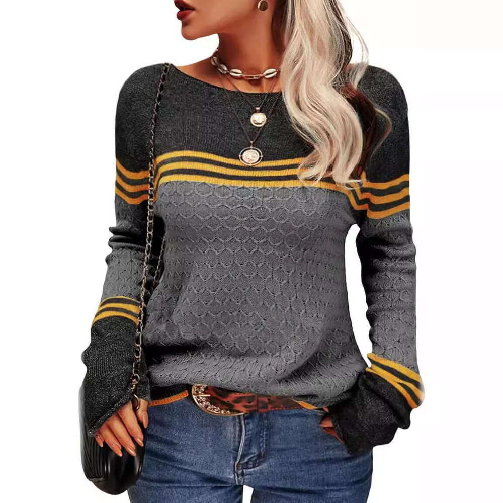 2024 autumn and winter new fashionable crochet long sleeved top with striped color blocking round neck knitted sweater for women