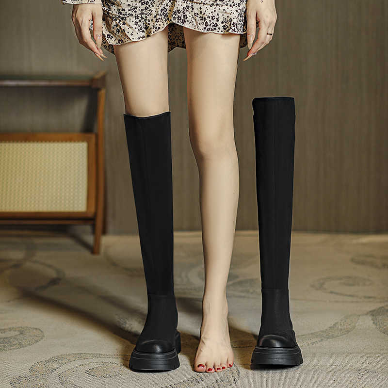 Black Knee High Fashion Boots For Women Shoes Winter Round Toe Thick Sole Thick Heel High Tube Slim Elastic Boots Womens Booties Botas Fashion 240826