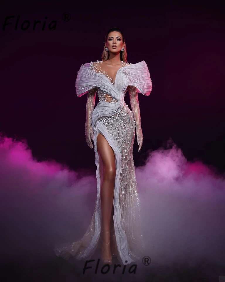 Pearls Glamorous Long Sleeve Wedding Dresses For Woman 2024 vestidos novias boda Sexy High Slit Celebrity Ceremony LuxrruFormal Gown