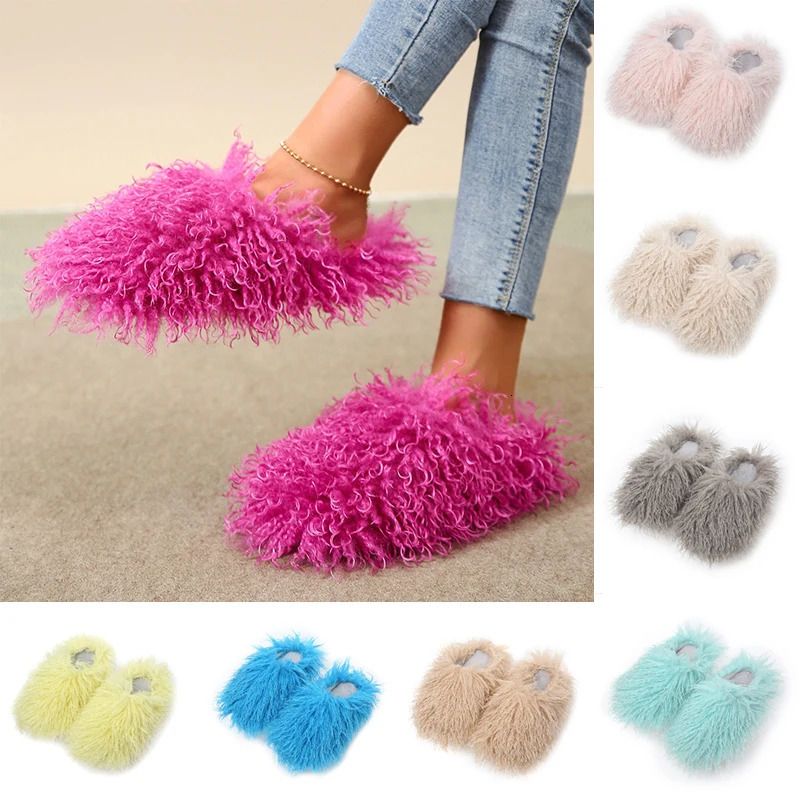 Plus Size Furry Faux Fur Shoes Autumn Winter Fur Slippers for Women Home Plush Warm Cotton Slippers Indoor Fur Slides 240927