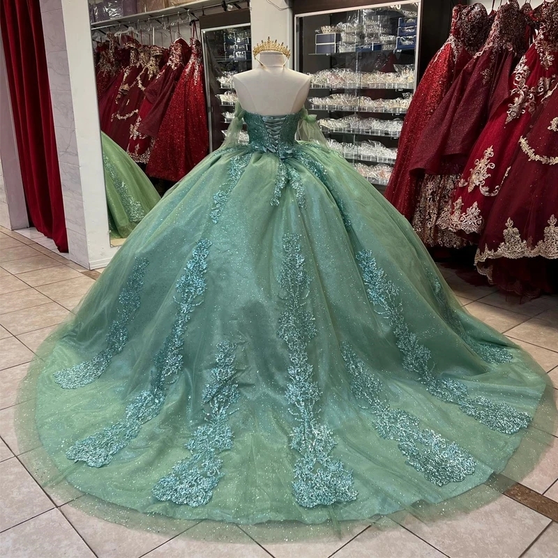 Sage Green Shiny Ball Gown Quinceanera Dresses Off the Shoulder Sequined Appliques Lace Beading Tull Corset Vestidos De 15 Anos Sweet 16 Dress