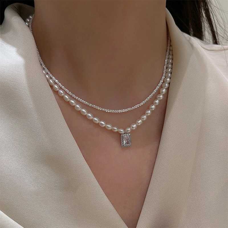 Elegent Luxury Double Layer Pearl Necklace for Women Crystal Pendent Female Choker Bling Wedding Womens Necklaces Jewelry GiftsX241009