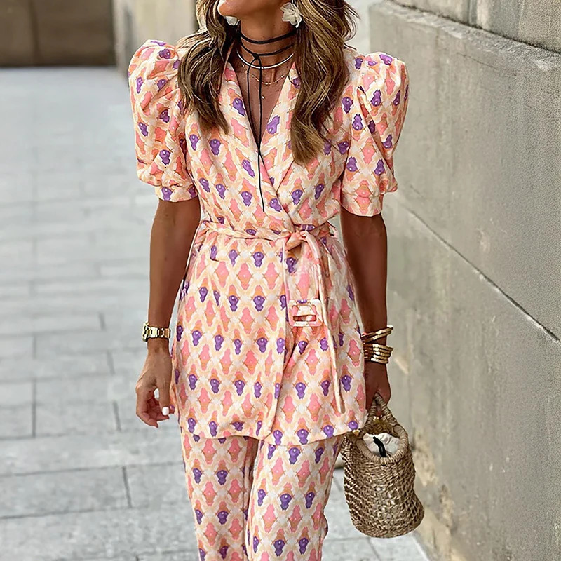 Office Fashion High Street Pants Set with Casual Pattern Printed Two Piece for Womens Elegant Puff Sleeves Lace 241008