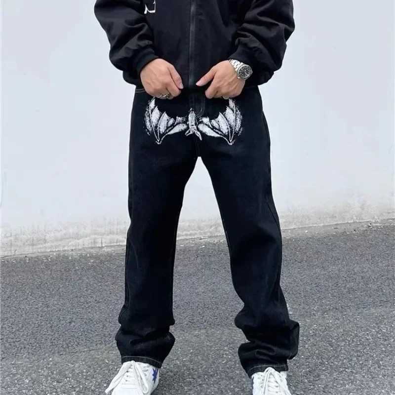 Man Cowboy Pants Straight Goth Mens Jeans Black Trousers Grunge Y2k with Print Designer Original 2024 Fashion Autumn ClothingX241009