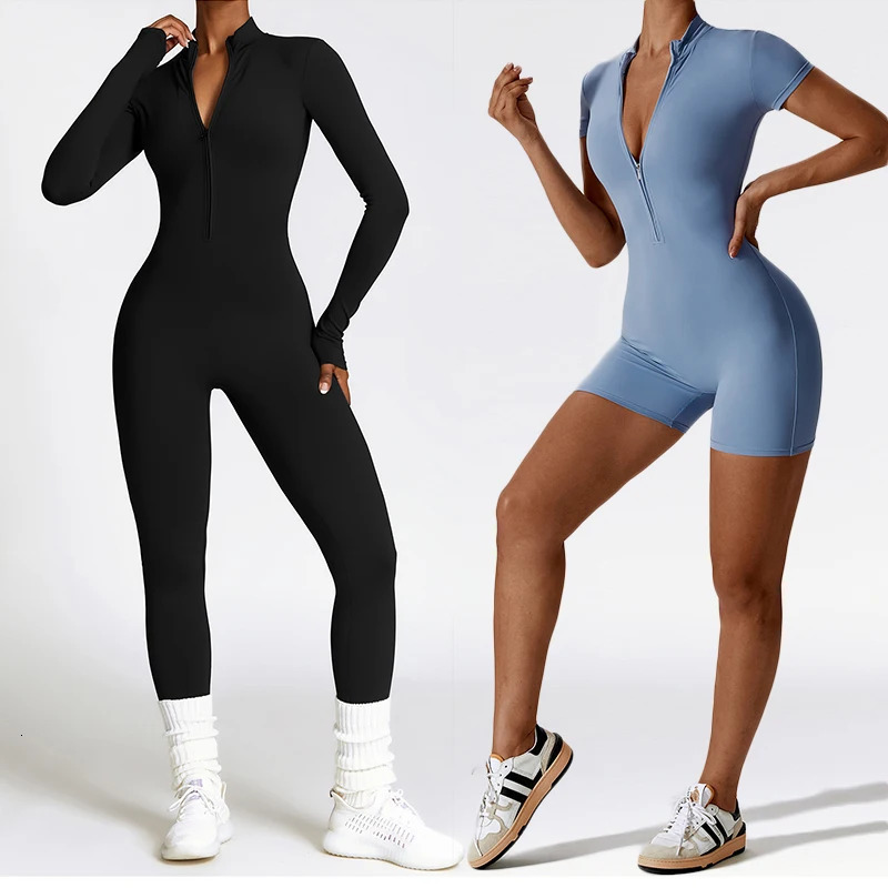 Zipper Sports Jumpsuits Women One-Piece Fitness Suit Gym Tracksuit Short Bodysuit Summer Yoga Set Overalls Workout Sportswear 241010