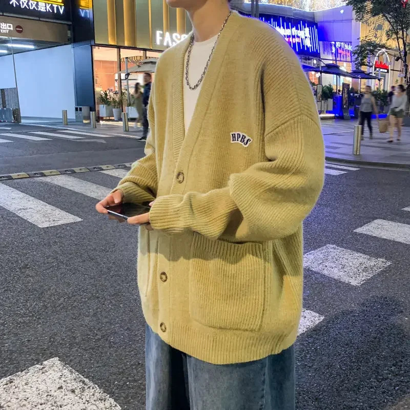 Black mens cardigan knitted sweater mens V-neck green cotton order wool Y2k streetwear street knitting oversized 241007