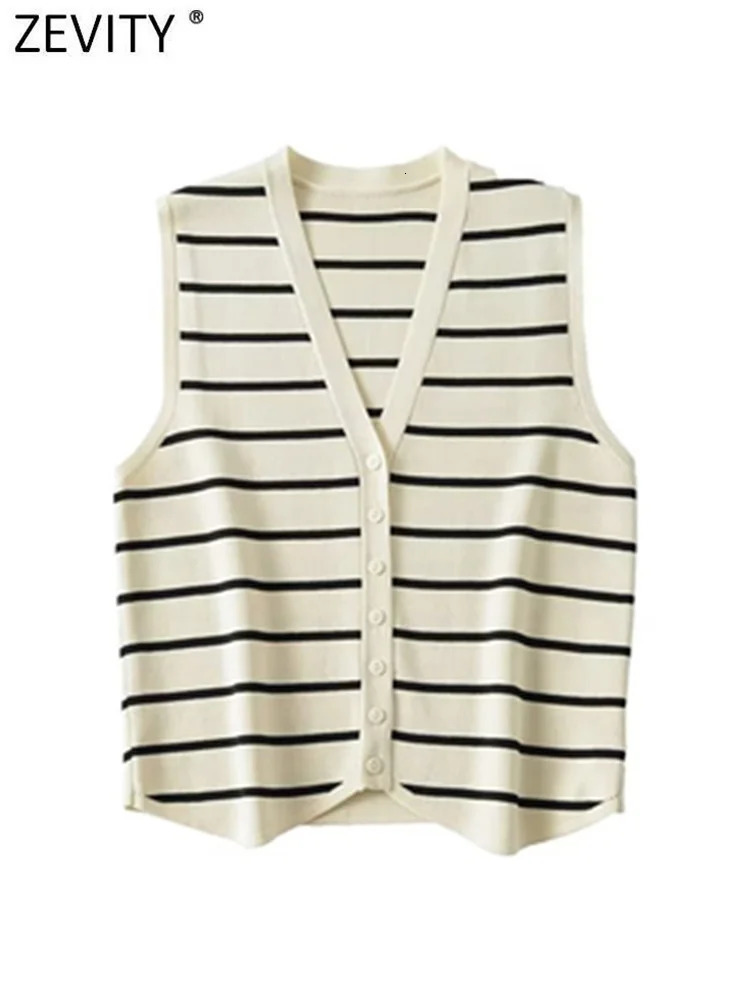 Zevity Women Fashion V Neck Sleeveless Striped Pattern Knitted Vest Sweater Female Chic Single Breasted Cardigan Tops SW4789 240924