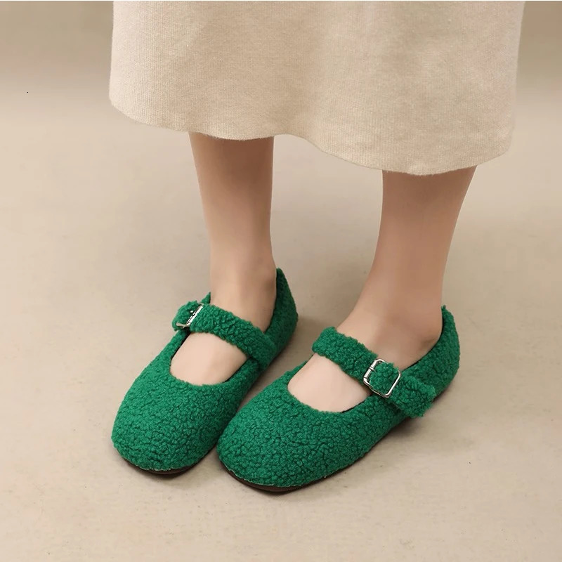 Elegant Square Toe Lambswool Mary Jane Shoes Woman Fashion Teddy Fur Ballet Flats Ladies Winter Warm Plush Loafers in Pink Green 240926