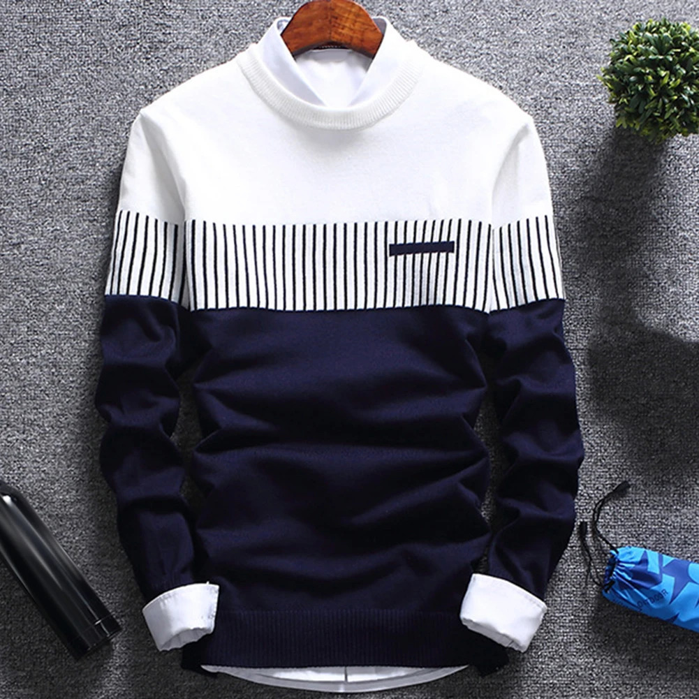 Fashion Men striped Sweater pullover Color Block Patchwork O Neck Long Sleeve Knitted Top Blouse For Warm Mens Clothing 240930