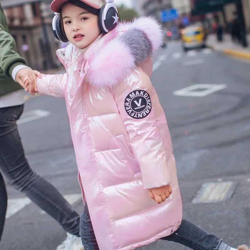 Down Coat Girls warm winter jacket fashionable waterproof shiny hooded childrens jacket 5-14 years old youth park clothing H241010