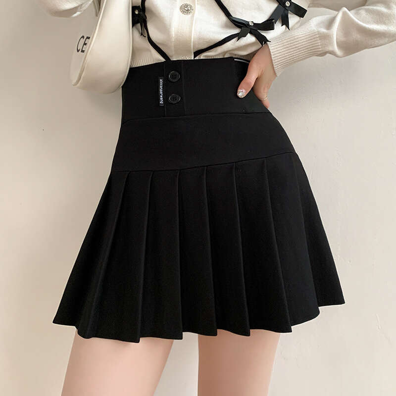 Letter elastic waist pleated spring/summer 2024 new black A-line half body women's anti slip versatile short skirt