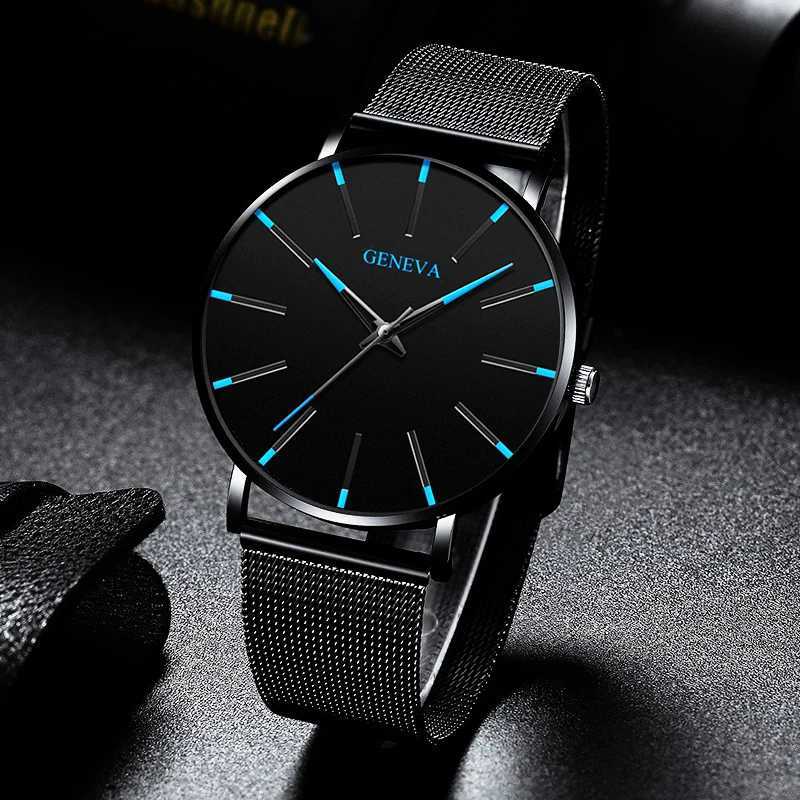 2024 Geneva Minimalist Watch Men Ultra Thin Blue Stainless Steel Mesh Belt Watches Man Business Casual Quartz Wrist WatchX241010